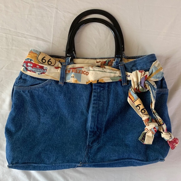 Vintage Handbags - Vintage Handmade Womens Denim Purse Handbag Bow Lined Route 66 18x11”